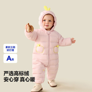 折扣婴儿羽绒服连体衣保暖冬季新款加厚宝宝女宝连体冬装外出爬服
