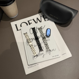 适用小米智能手环8/9/10三珠表带不锈钢金属表带手表带银色极简