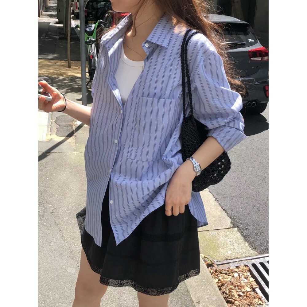 现ounce韩国东大门代购2025新款经典百搭蓝色条纹宽松长袖衬衫女
