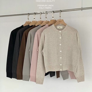 现货egg韩国东大门代购2025新款圆领短款麻料系扣针织开衫毛衣女