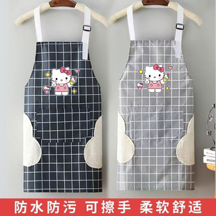 可以调节肩带的格子可爱猫猫围兜兜防水围裙厨房防油做饭干活围腰
