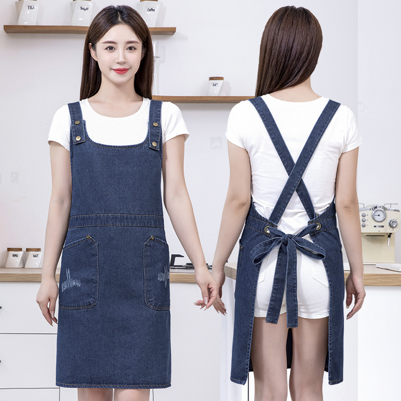 深色交叉牛仔围裙感年轻款工作加厚耐磨餐饮牛子牛在崽围兜兜niuz