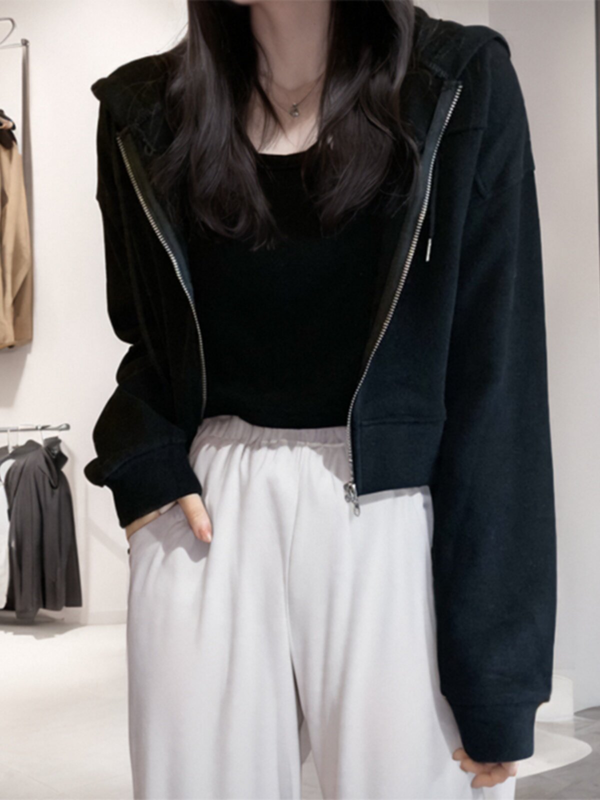春秋新款外套女宽松纯棉拉链小小子连帽长袖加绒加厚黑色开衫卫衣