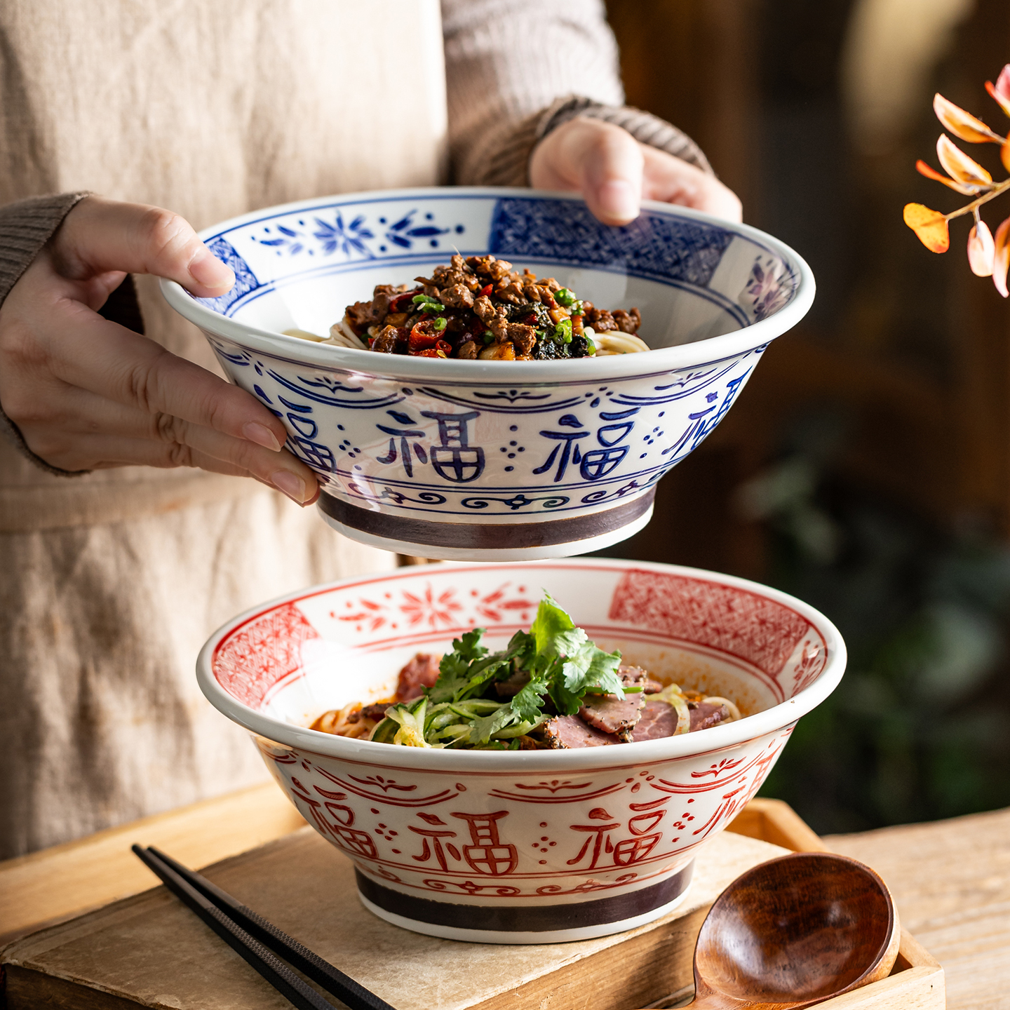 福字陶瓷拉面碗创意釉下彩斗笠碗吃面碗大碗麻辣烫碗大号饭碗汤碗