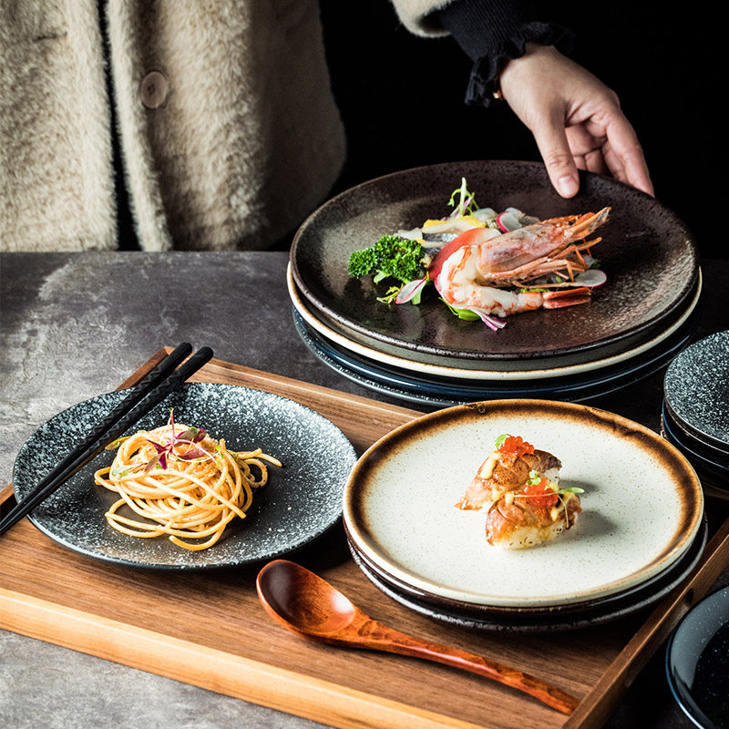 日式实用复古圆形装早餐陶瓷盘