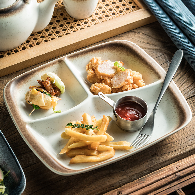 新时代三格长方盘子陶瓷大人