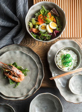 日式窑变陶瓷碗勺餐具复古米饭碗灰色大小号汤碗汤面碗盘套装家用