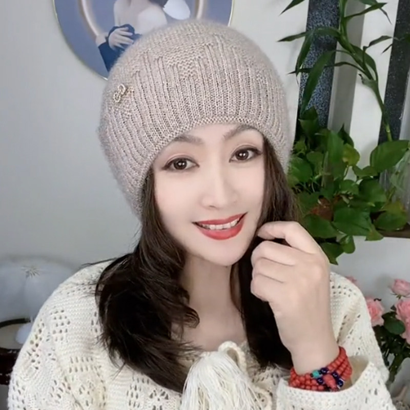 时尚冬季女士帽子保暖加厚护耳洋气妈妈款毛线针织帽堆堆帽包头帽