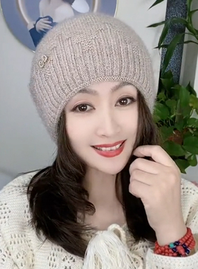 时尚冬季女士帽子保暖加厚护耳洋气妈妈款毛线针织帽堆堆帽包头帽
