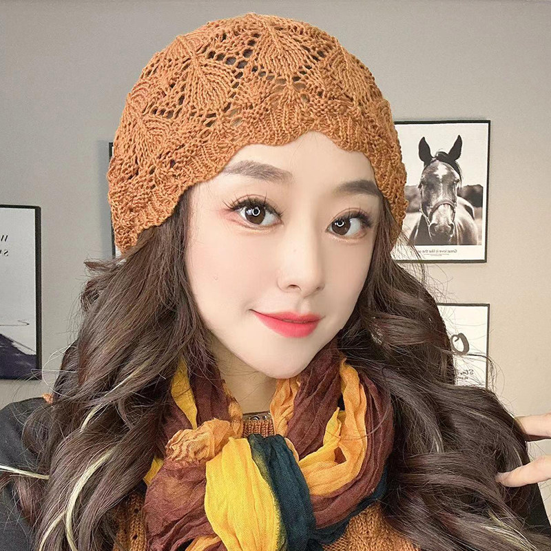 时尚镂空帽子女春秋2025新款薄款洋气针织帽堆堆帽遮白发包头帽女