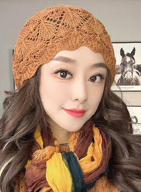 时尚镂空帽子女春秋2025新款薄款洋气针织帽堆堆帽遮白发包头帽女