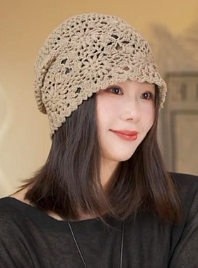 镂空针织帽子女包头帽2025新款春秋气质百搭遮白发毛线帽堆堆帽女