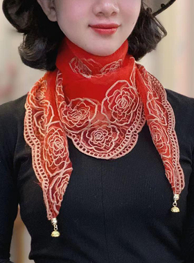 蕾丝刺绣磁吸扣围巾女方巾高级感新年时尚百搭保暖护颈围脖丝巾女