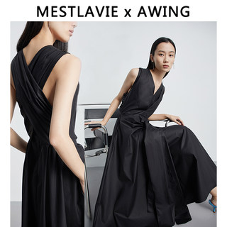 MESTLAVIE x AWING秋冬新品深V复古法式长款交叉背黑色连衣裙礼服
