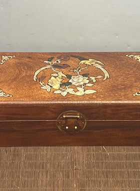 仿古实木盒花梨木雕刻花鸟镶贝壳收纳盒首饰盒小木箱约28*15*10cm