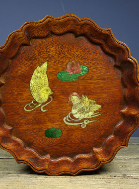 仿古花梨木雕镶彩贝狮子绣球圆形茶盘实木做旧托盘25x25x2.5厘米