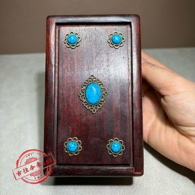 老式花梨木宝石机关盒鲁班盒饰品盒仿古镶嵌宝石收纳盒14x8.5x6cm