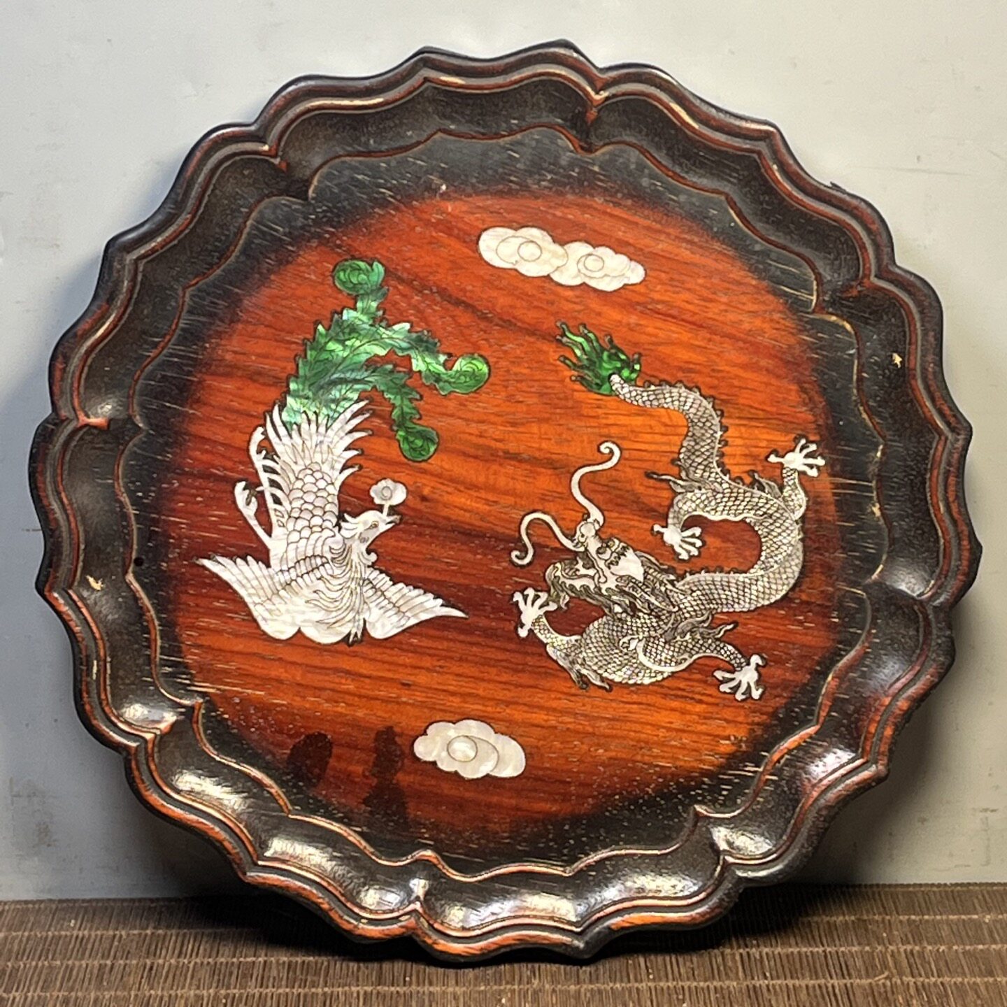 中式檀木雕刻龙凤呈祥圆形茶盘子仿古收藏果盘复古托盘摆件25x3cm