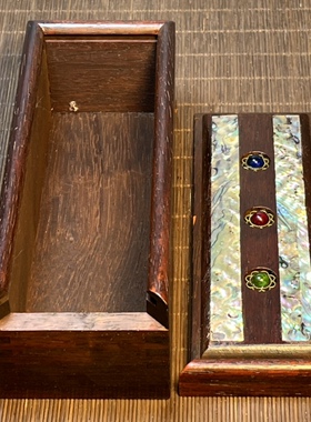 仿古血檀木镶嵌螺钿贝壳珠子长方形抽拉盒首饰盒手串盒18x8x6cm