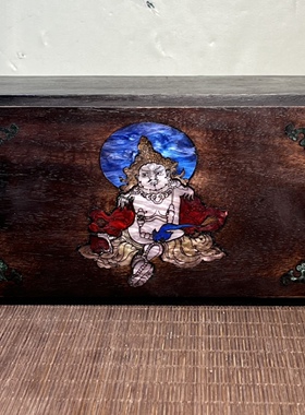 仿古血檀木雕黄财神机关盒实木首饰盒方形镶彩贝收纳盒20*11*7cm