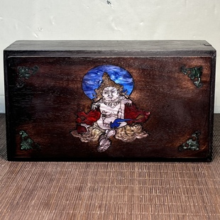 仿古血檀木雕黄财神机关盒实木首饰盒方形镶彩贝收纳盒20*11*7cm