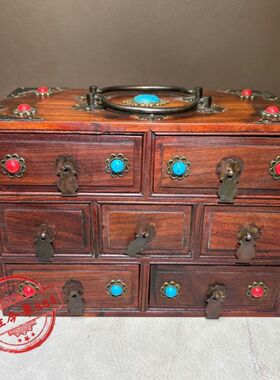 复古玩杂项草花梨木带抽屉提梁中药柜老物收藏老式首饰盒官箱宝盒