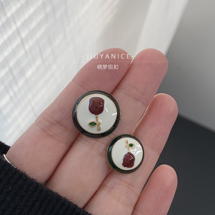 轻奢玫瑰花朵金属钮扣绿边点油可爱女开衫 毛衣纽扣连衣裙外套扣子