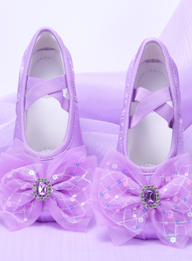 缎面紫色儿童舞蹈鞋软底练功跳舞鞋女孩形体猫爪鞋网纱钻芭蕾舞鞋