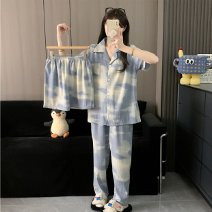 休闲家居服三件套装 睡衣女2025夏季 宽松网红大码 云朵棉短袖 女 长裤