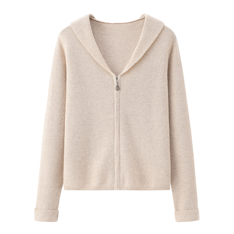 学院风单畦拉链带帽羊绒衫女开衫