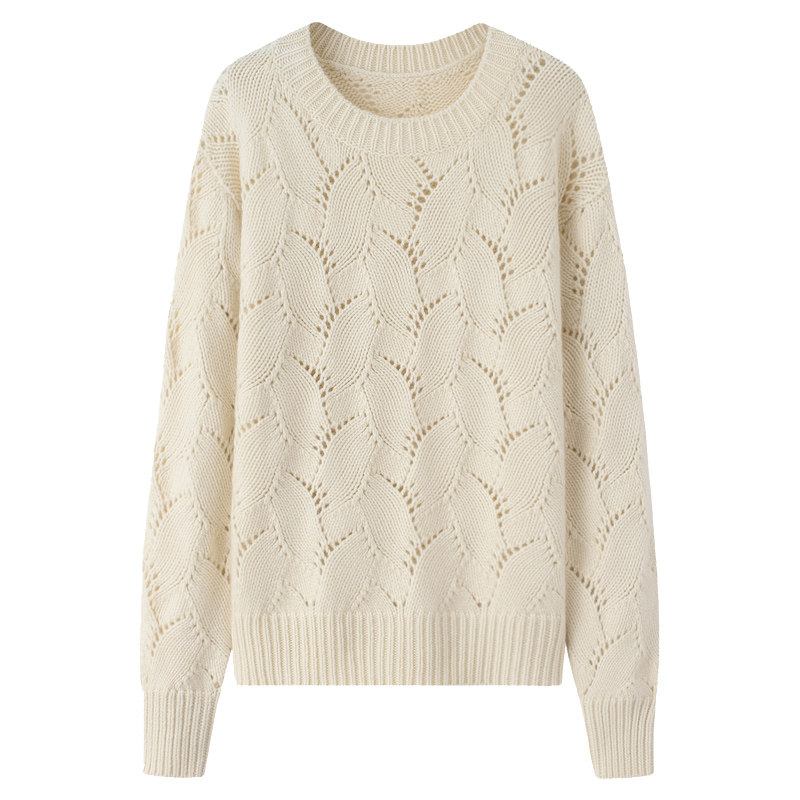阿绒源100%山羊绒特厚女套衫圆领白色网眼镂空纯手工编织休闲毛衣