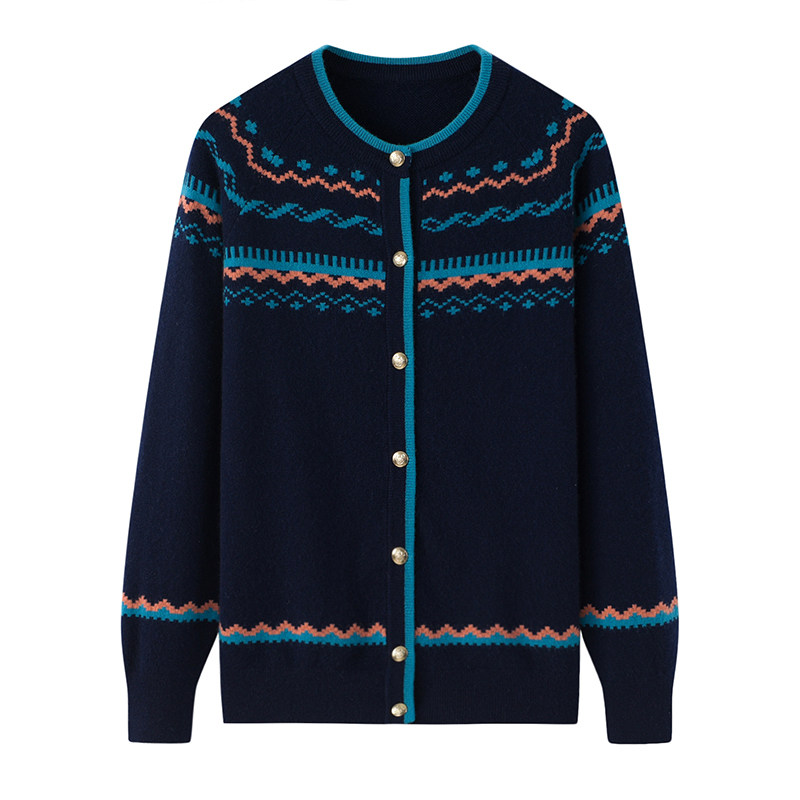 阿绒源山羊绒夹条单排扣女开衫圆领插接袖名族风针织宽松外穿毛衣