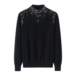 阿绒源羊绒衫女内蒙古发货半高领烫钻针织衫宽松妈妈内搭时尚毛衣