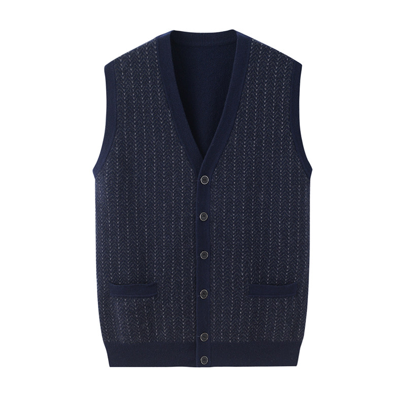 阿绒源纯羊绒马甲男内蒙古V领毛坎肩中老年宽松开背外搭蓝色开背