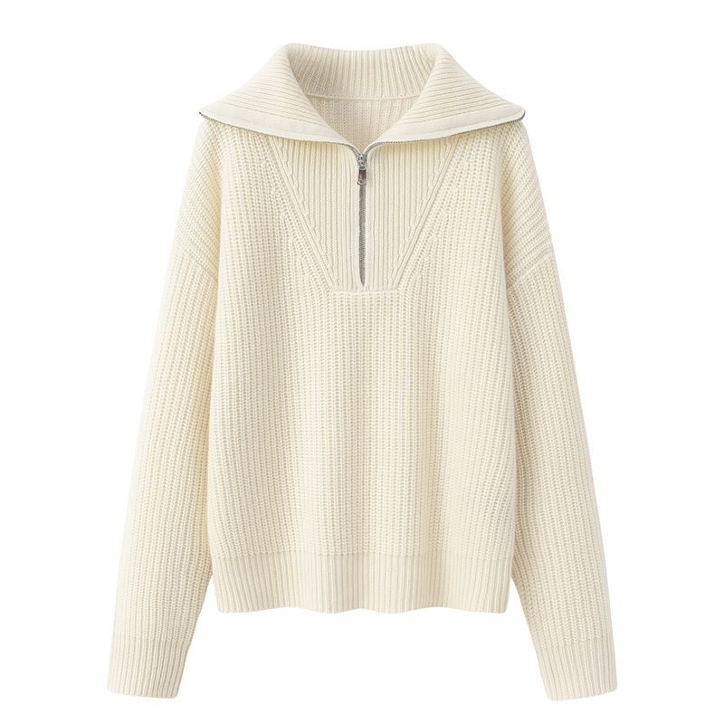 元宝针翻领休闲山羊绒衫女厚短款