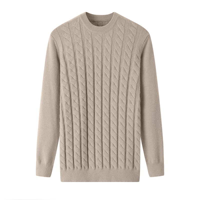 阿绒源纯山羊绒男套衫圆领加厚双股绞花针织衫灰色修身青少年毛衣