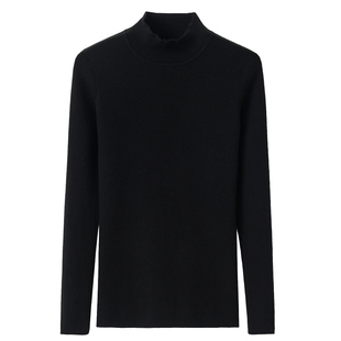 阿绒源精纺纯羊绒衫女半高领黑色抽条修身打底衫高端显瘦超薄毛衣