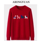 100山羊绒四只小马提花女套毛衣 2025年冬季 新年红宽松休闲毛衣潮