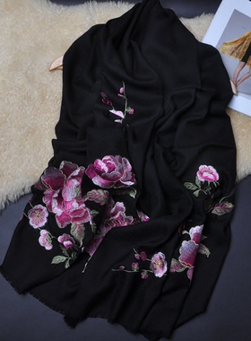 黑色纯羊毛婚庆礼服绣花围巾披肩