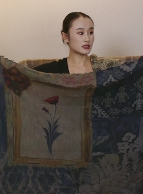 秋冬羊绒斜纹中厚保暖方披肩蓝色花