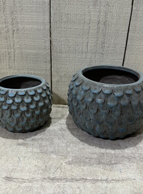 外贸风情 做旧雾霾蓝色 粗犷风 浮雕树叶 大小号 陶瓷花盆 对