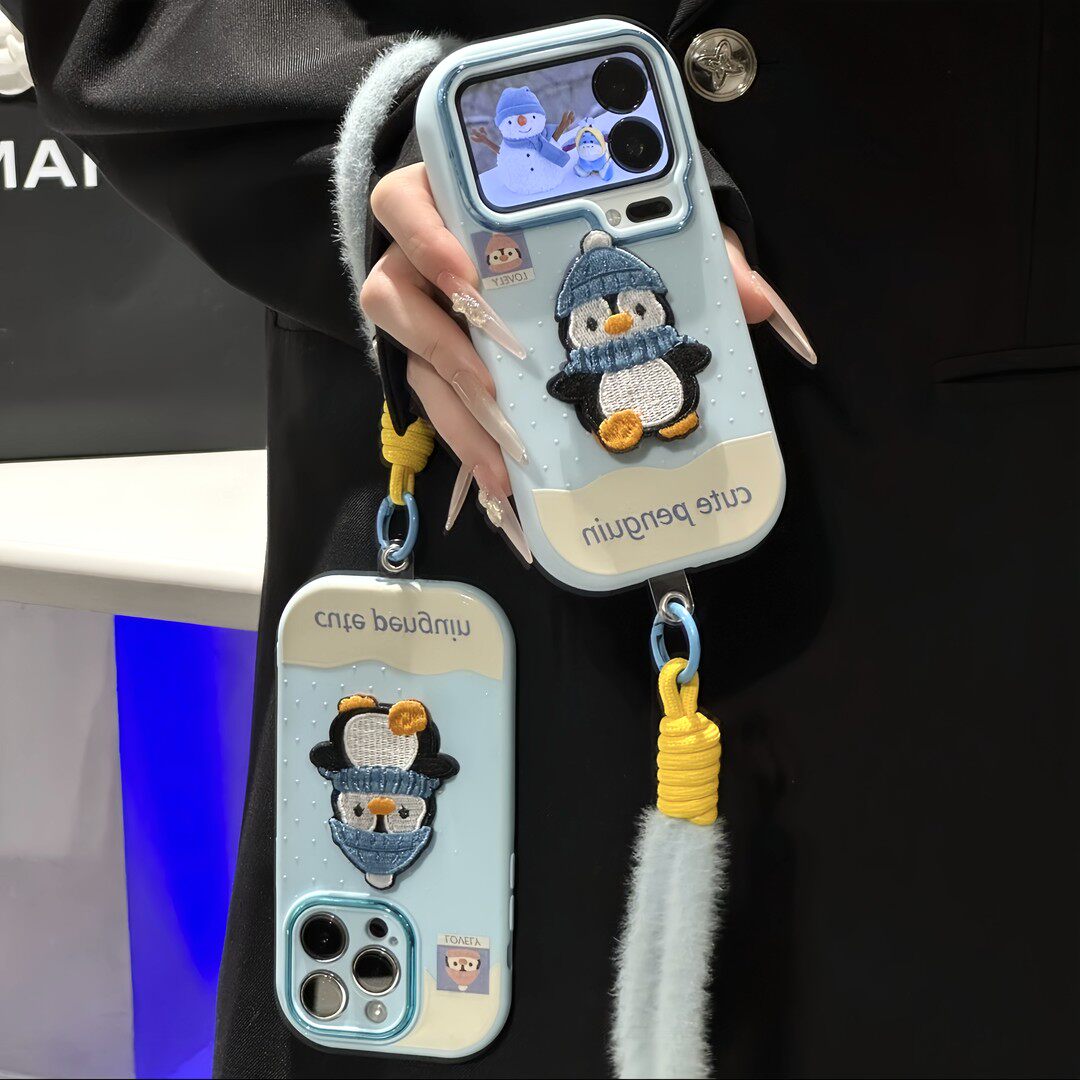 冬季刺绣企鹅挂绳新款适用苹果17Pro手机壳iPhone16max13小米15华为mate80pura70k60note14荣耀400x100magic8
