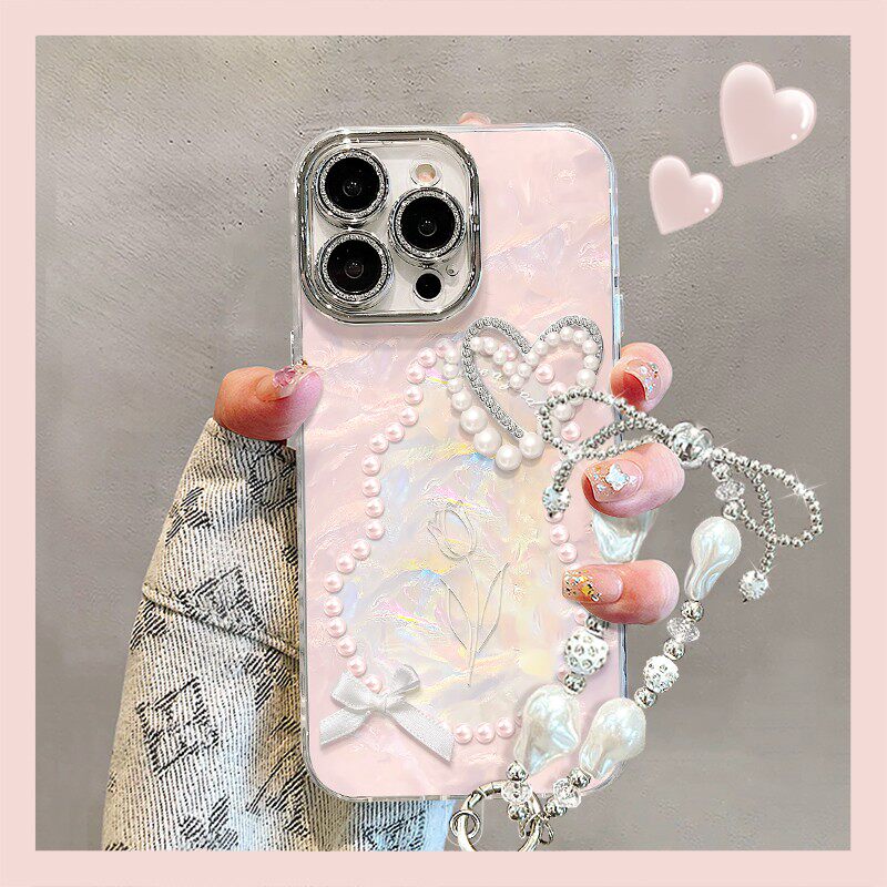 珍珠蝴蝶结手链新款适用苹果17Promax手机壳iPhone16pro小米15华为mate80pura70k90reno14荣耀400x300nova13