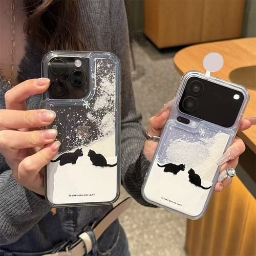 雪地小黑猫流沙新款适用苹果17Promax手机壳iPhone16Pro小米15华为mate80pura70k60Reno14荣耀300x200note13