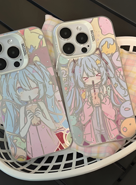 喝奶茶初音未来适用苹果15promax手机壳16iPhone14plus13/11小米14华为mate60荣耀100x90s16红米k70p50nova12