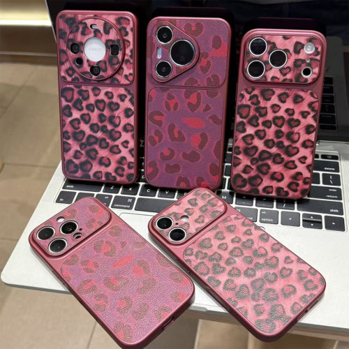 勃艮第红满屏爱心豹纹适用苹果18promax手机壳iPhone17小米18华为mate80p80K90nova16x300note15reno14magic7