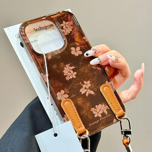 棕色复古花朵手链适用苹果15promax手机壳iPhone16pro小米14华为mate70荣耀200x100k50p60nova12reno11note13