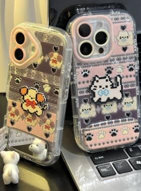 情侣像素小猫小狗支架新款适用苹果16pro手机壳iPhone14max小米15华为mate70pura80k60荣耀300nova13findx7