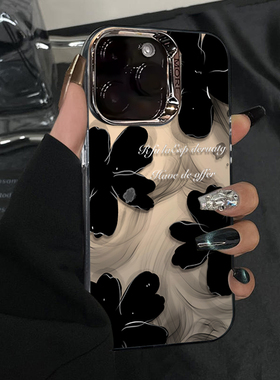 黑色水墨花适用苹果15pro手机壳16iPhone14max电镀彩银小米13华为mate60荣耀90x100k70reno12nova11findx6s17