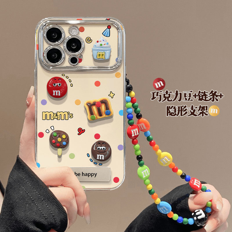 立体M豆公仔巧克力手链适用苹果16promax手机壳iphone15max电镀大视窗14plus13pro支架ip12max11xsmax7/8plus